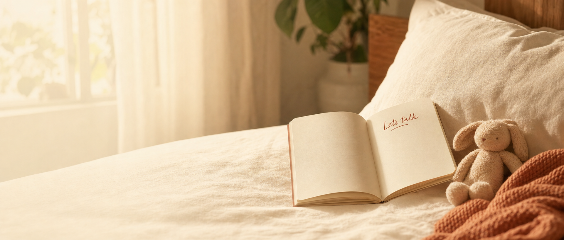 talk2 me hero banner - notebook on pillow with Lets talk note, warm morning light
